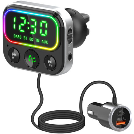 Émetteur FM, affichage de l'heure sur 24 heures, adaptateur autoradio Bluetooth 5.0 avec QC3.