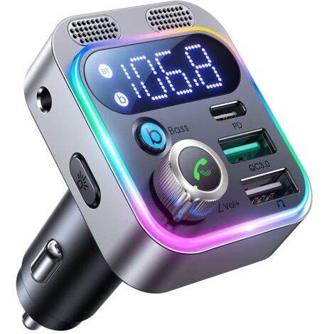 Émetteur FM Bluetooth 5.3 (2022), adaptateur autoradio Bluetooth avec entrée auxiliaire [Double microphone plus puissant et son HiFi avec basses profondes], mains libres, 48 W PD et QC3.0, compatible 