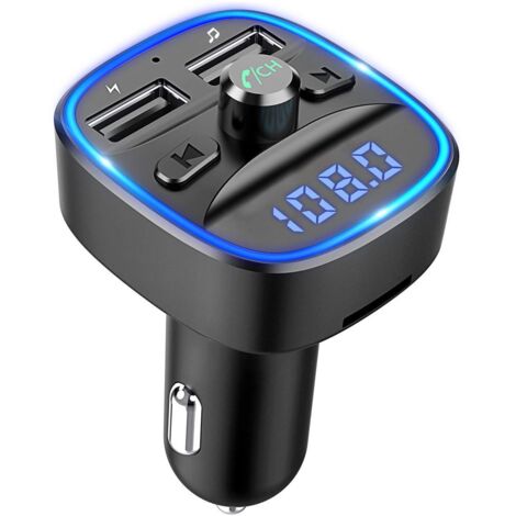 Émetteur FM Bluetooth pour voiture, récepteur radio sans fil avec éclairage bleu, kit mains libres, double chargeur USB 5 V/2,4 A et 5 V/1 A, lecteur de carte SD et clé USB.