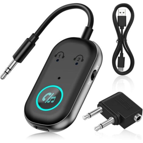 Émetteur récepteur Bluetooth 5.3, adaptateur Bluetooth 2 en 1 d'avion compatible avec 2 AirPods et écouteurs sans fil pour TV, émetteur audio jack 3,5 mm pour TV, pour T-V/avion/casque/Airpods/voiture