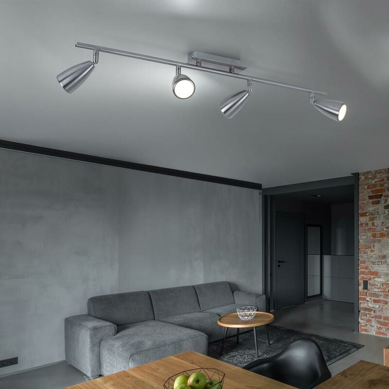 Image of Lampada da soffitto 4 faretti spot strip plafoniera orientabile nichel opaco, acciaio, 4x prese GU10, LxL 78,5x7 cm