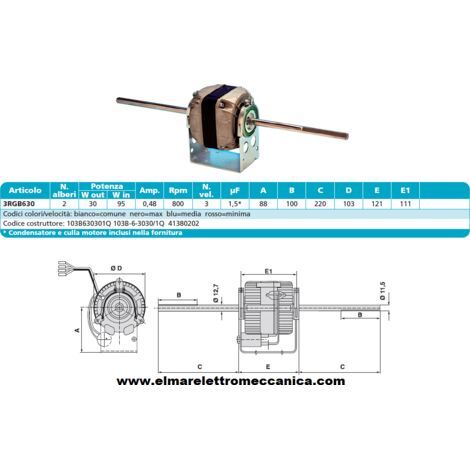 EMI 103B-6-3030/1Q Motore 95 W BIALBERO 3 Velocità aspiratore Fan Coil