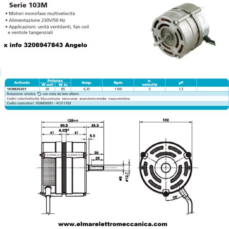 EMI 103M30301 Motore 3 Velocità ventilatore centrifugo fan coil