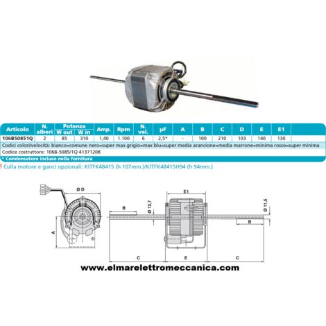 EMI 106B-5085/1Q Motore 310 W BIALBERO 6 Velocità aspiratore Fan Coil