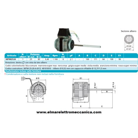 EMI 3BTM 25-20-A0/12 Motore 85 W  BIALBERO 6 Velocità aspiratore Fan Coil