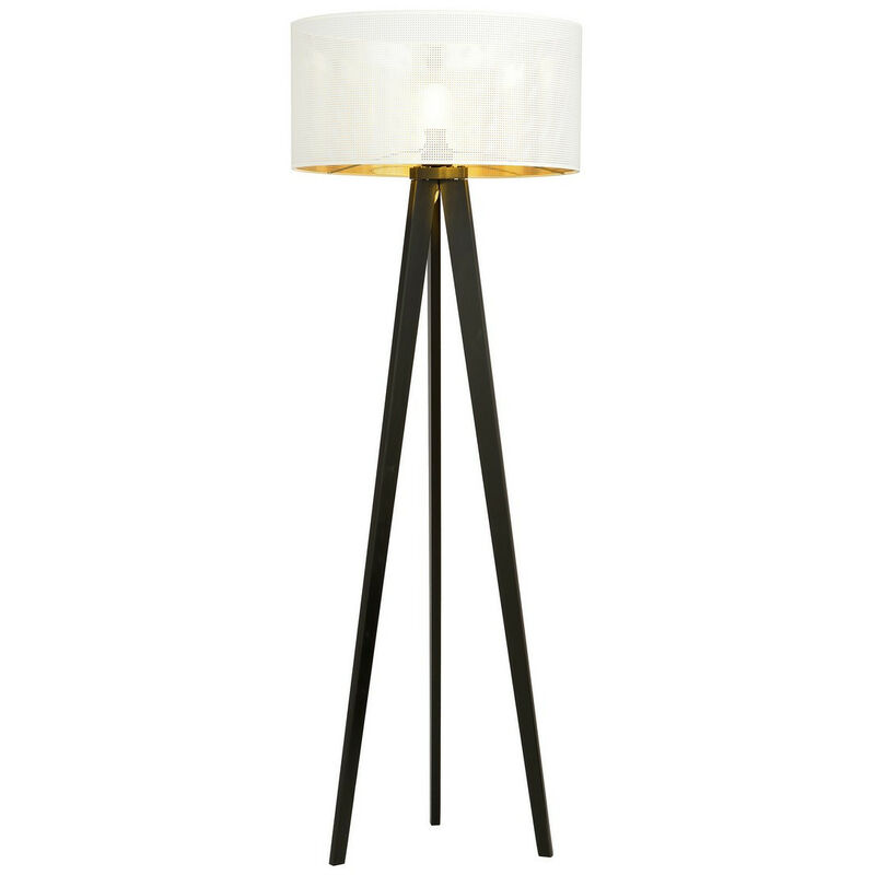 Image of Emibig Lighting - Emibig aston Lampada da terra treppiede nera con paralumi in tessuto bianco e oro, 1x E27