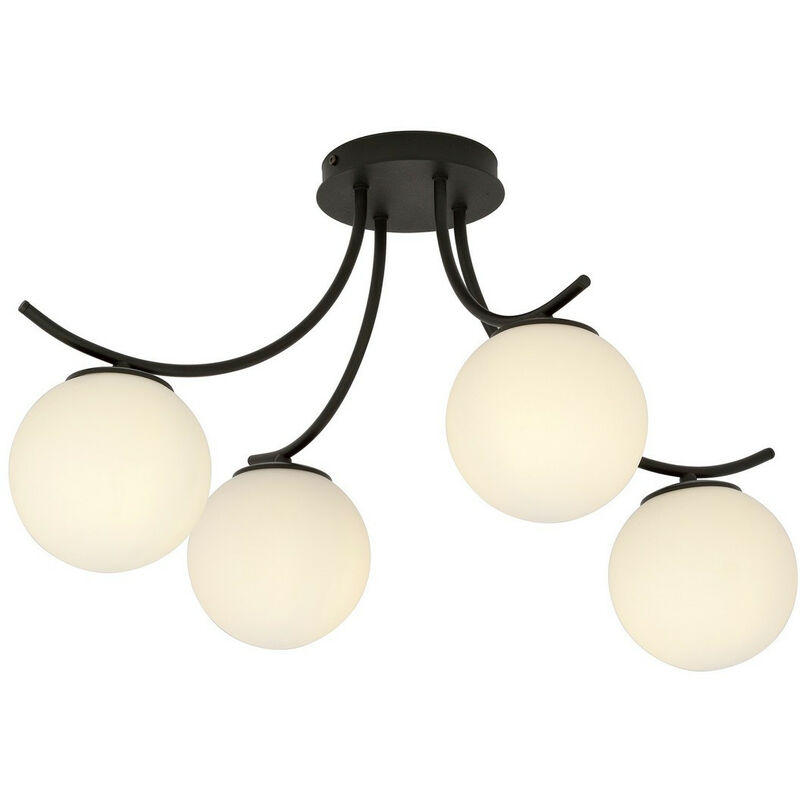 Emibig Lighting - Emibig boston Plafonnier Globe Noir à Bras Multiples avec Abat-Jour en Verre Blanc, 4x E14