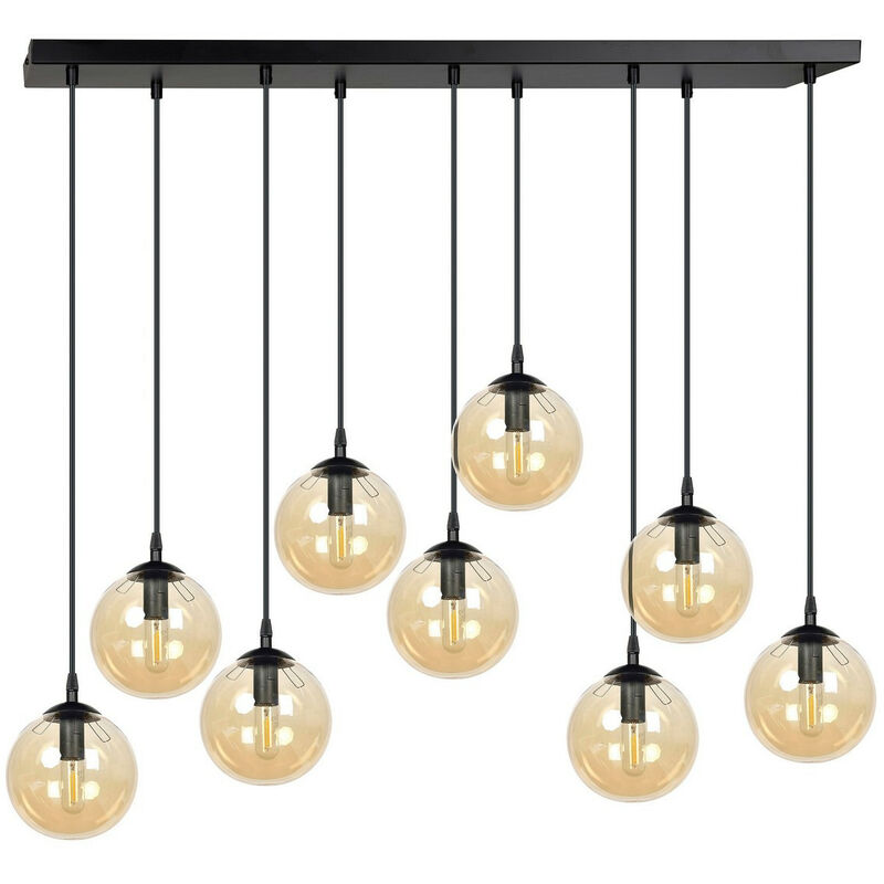 Emibig Lighting - Emibig cosmo Plafonnier suspendu Globe Cluster noir avec abat-jour en verre ambré, 9x E14