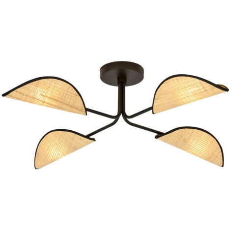 Emibig GOMEZ Lampada da soffitto semi-incasso multi braccio di design in rattan nero con paralumi in tessuto marrone, 4x E14