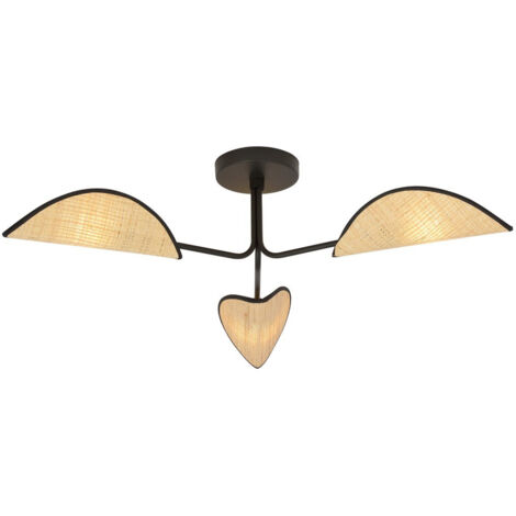 Emibig GOMEZ Lampada da soffitto semi-incasso multibraccio design in rattan nero con paralumi in tessuto marrone, 3x E14
