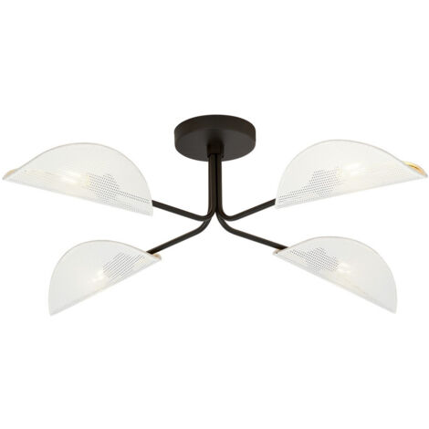 Emibig GOMEZ Lampada da soffitto semi-incasso multibraccio nera con paralumi in tessuto bianco e oro, 4x E14
