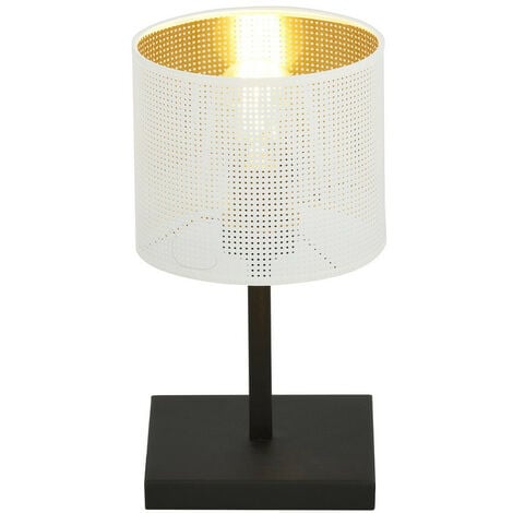 Emibig JORDAN Lampe de table noire avec abat-jour rond avec abat-jour en tissu blanc et doré, 1x E27