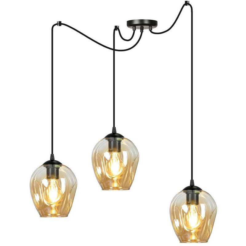 Emibig level Plafonnier suspendu en forme de dôme en verre noir avec abat-jour en verre ambré, 3x E27