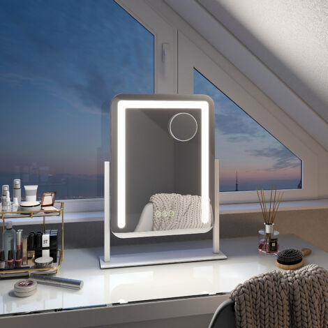 EMKE 360° Rotating Hollywood Vanity Mirror with LED Lights Makeup Mirror with 7X Magnifier, 3 Color Lighting,  40x30cm, White