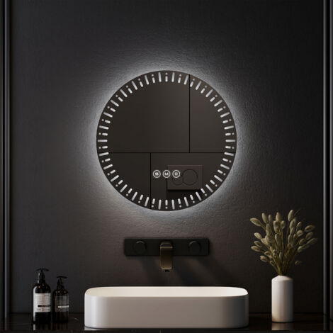 EMKE 50cm Round Bathroom LED Mirror with 3 Light Dimmable Colors Illuminated Circle Mirror with Demister
