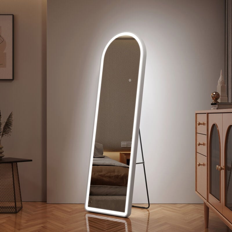 Emke - Miroir sur pied Arc 147 x 45 cm avec Cadre en Alliage d'aluminium, avec 3 Couleurs de Lumière, Lumineuse Réglables, Blanc