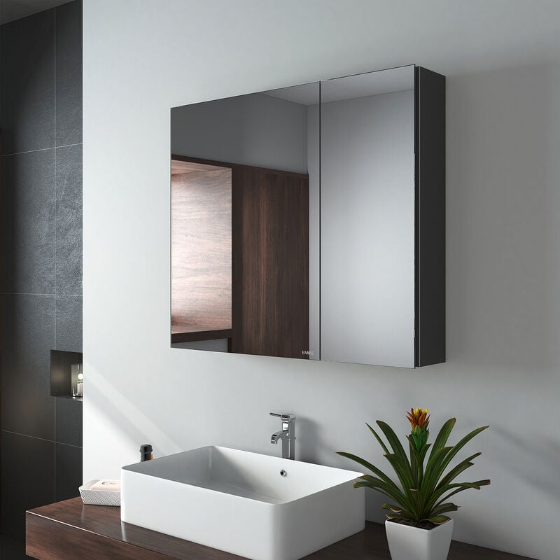 emke - armoire à miroir avec miroir poignée invisible armoire miroir de salle de bain avec étagères en verre réglables en hauteur 75×65cm noire