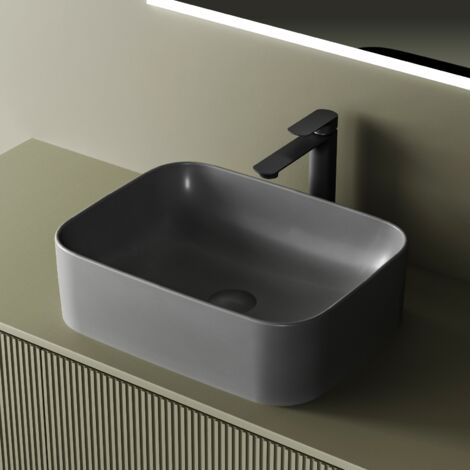 EMKE Aufsatzwaschbecken 50.5 x 38 x 15 cm Badezimmer Rechteckiger Keramikwaschtisch Matt Dunkelgrau
