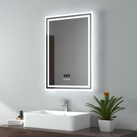 EMKE Backlit Illuminated Bluetooth Bathroom Mirror with Shaver Socket, 500x700MM Bathroom Mirror with Demister, Clock, 3 Color