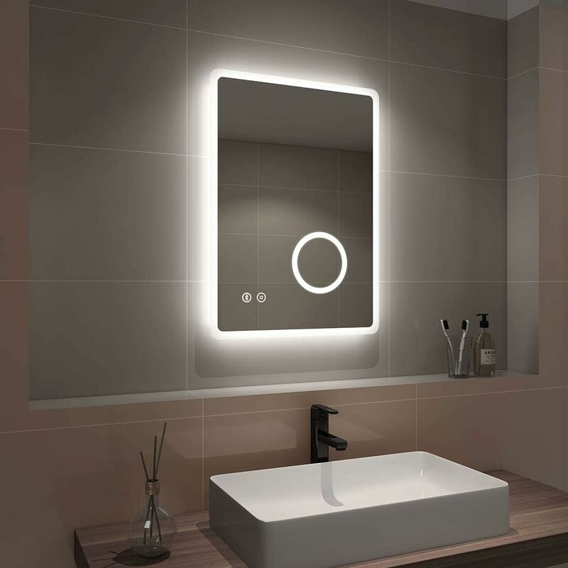 Emke - Backlit Illuminated Bluetooth Bathroom Mirror with Shaver Socket Wall Mounted led Bathroom Vanity Mirror, Anti Fog, 3-Fold Magnification,