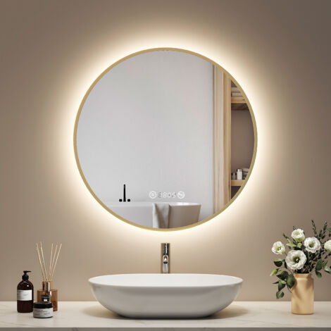 EMKE Badezimmerspiegel Rund 60cm Gold mit LED Beleuchtung, Beschlagfrei, Uhr & Temperaturanzeige, Neutrales Licht, Dimmbar mit Memory-Funktion
