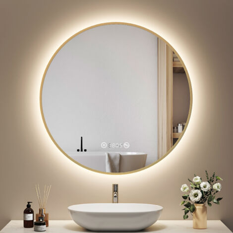 EMKE Badezimmerspiegel Rund 80cm Gold mit LED Beleuchtung, Beschlagfrei, Uhr & Temperaturanzeige, Neutrales Licht, Dimmbar mit Memory-Funktion