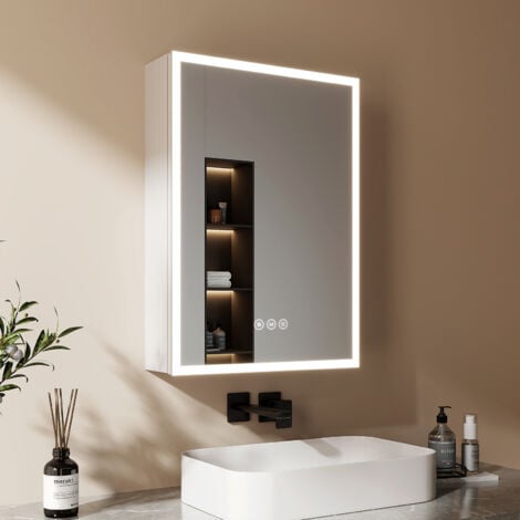 EMKE Badspiegel LED Spiegelschrank mit Beschlagfrei 50x70 cm 3 Dimmbare Lichtfarben Steckdose und Glasablage