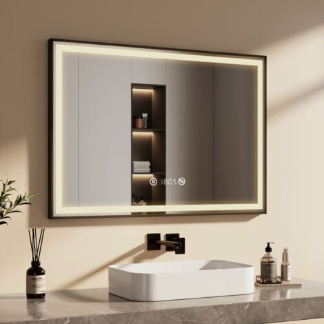 EMKE Badspiegel mit Beleuchtung 100x70cm Badspiegel Schwarzer Rand LED Badezimmerspiegel mit Touch, Antibeschlage, Uhr, Temperatur, Dimmbar, Memory-Funktion, Neutrale Beleuchtung
