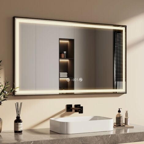 EMKE Badspiegel mit Beleuchtung 120x70cm Badspiegel Schwarzer Rand LED Badezimmerspiegel mit Touch, Antibeschlage, Uhr, Temperatur, Dimmbar, Memory-Funktion, Neutrale Beleuchtung
