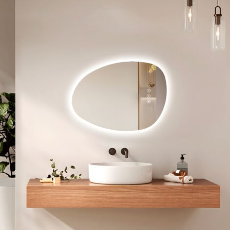 EMKE Badspiegel mit Beleuchtung 65 x 45 cm Asymmetrisch Spiegel Beschlagfrei mit Dimmbar 3 Lichtfarben Touch-Schalter