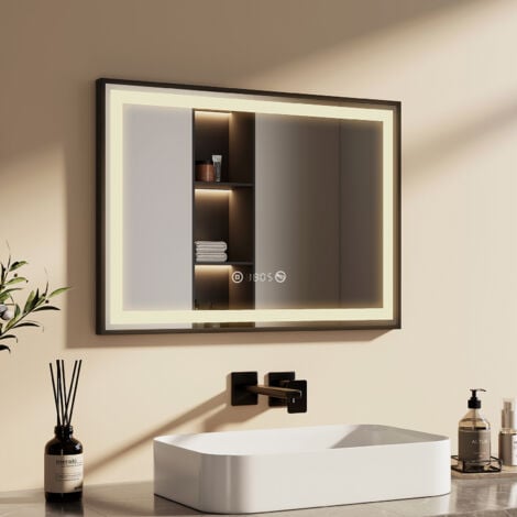 EMKE Badspiegel mit Beleuchtung 70x50cm Badspiegel Schwarzer Rand LED Badezimmerspiegel mit Touch, Antibeschlage, Uhr, Temperatur, Dimmbar, Memory-Funktion, Neutrale Beleuchtung