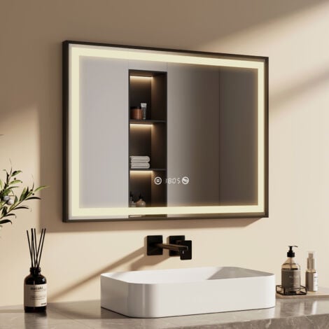 EMKE Badspiegel mit Beleuchtung 80x60cm Badspiegel Schwarzer Rand LED Badezimmerspiegel mit Touch, Antibeschlage, Uhr, Temperatur, Dimmbar, Memory-Funktion, Neutrale Beleuchtung