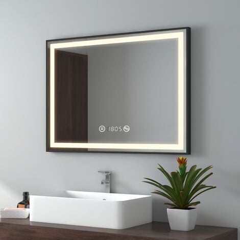 EMKE Badspiegel mit Beleuchtung 80x60cm Badspiegel Schwarzer Rand LED Badezimmerspiegel mit Touch, Antibeschlage, Uhr, Temperatur, Dimmbar, Memory-Funktion, Neutrale Beleuchtung Wandspiegel IP44