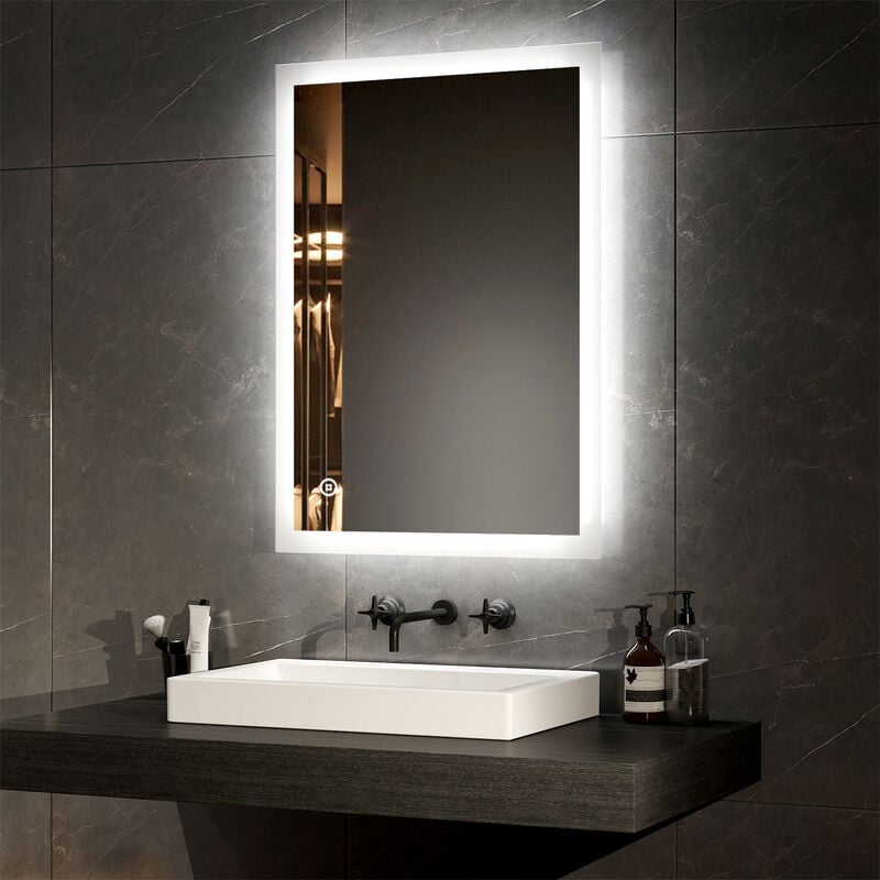 Bathroom led Mirror with Shaver Socket Backlit Illuminated Bathroom Mirror, Touch Switch, Demester, Fuse, 500x700mm - Emke