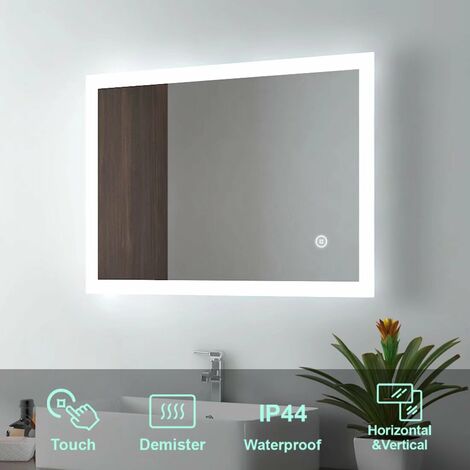 EMKE Bathroom LED Mirror Frameless Illuminated Wall-Mounted Bathroom Backlight Mirror with Demister Pad, Touch Switch, 500 x 700 mm, Horizontal & Vertical