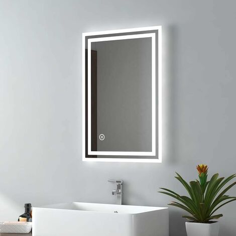 EMKE Bathroom Mirror with LED Lights Backlit LED Illuminated Bathroom Mirror with Demister Heat Pad, Makeup Vanity Touch Mirror with LED Lights, 400x600mm