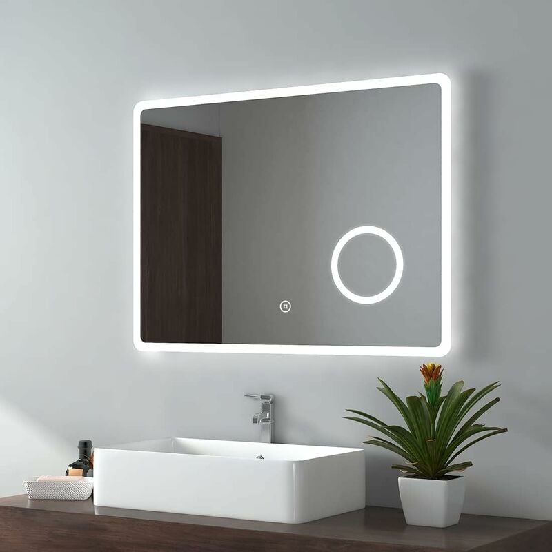 Emke - Bathroom Mirror with Shaver Socket Backlit led Illuminated Bathroom Mirror with Demister, 3X Magnify Makeup Touch Mirror, 800x600mm