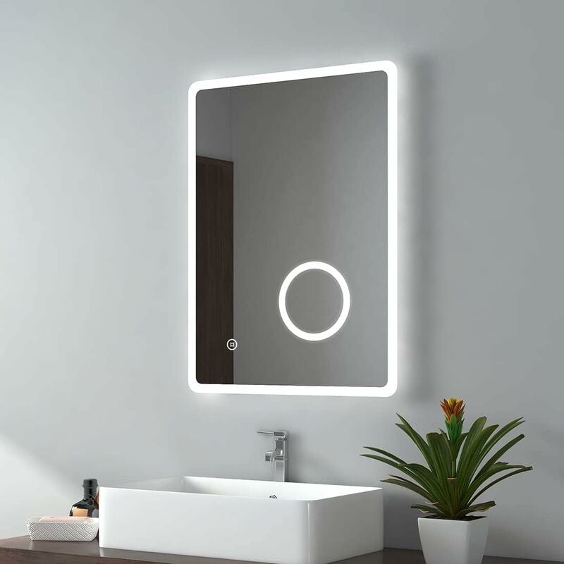 Bathroom Mirror with Shaver Socket Backlit led Illuminated Bathroom Mirror with Demister, 3X Magnify Makeup Touch Mirror, 500x700mm - Emke