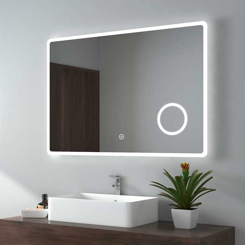 Bathroom Mirror with Shaver Socket Backlit led Illuminated Bathroom Mirror with Demister, 3X Magnify Makeup Touch Mirror, 1000x700mm - Emke