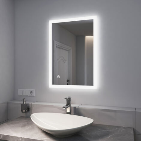 EMKE Bathroom Mirror with Shaver Socket, Wall Mounted LED Mirror with Extra Fuse, Dimmable & Demister, 500x700mm Horizontal / Vertical