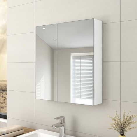 EMKE Bathroom Vanity Mirror Cabinet with Storage - Double Door Wall Mounted Storage Cupboard Aluminum Frameless Medicine Cabinet, Makeup Bathroom Wall Storage Cabinets White