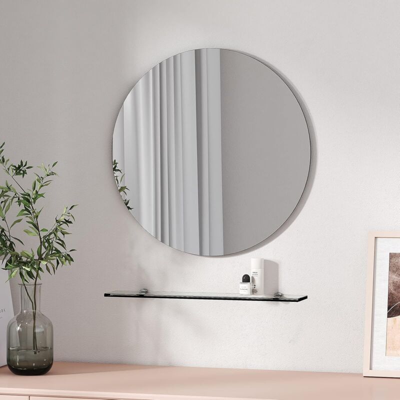 Emke - Wall Mounted Round Mirror with Shelf, 50CM Frameless Circle Mirror with 48CM Shelf