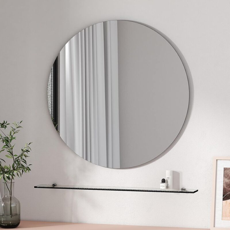 Wall Mounted Round Mirror with Shelf, 70CM Frameless Circle Mirror with 78CM Shelf - Emke