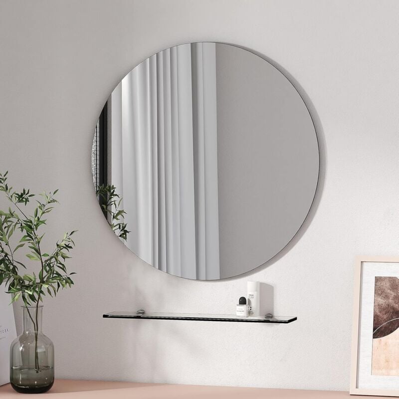 Emke - Wall Mounted Round Mirror with Shelf, 60CM Frameless Circle Mirror with 48CM Shelf