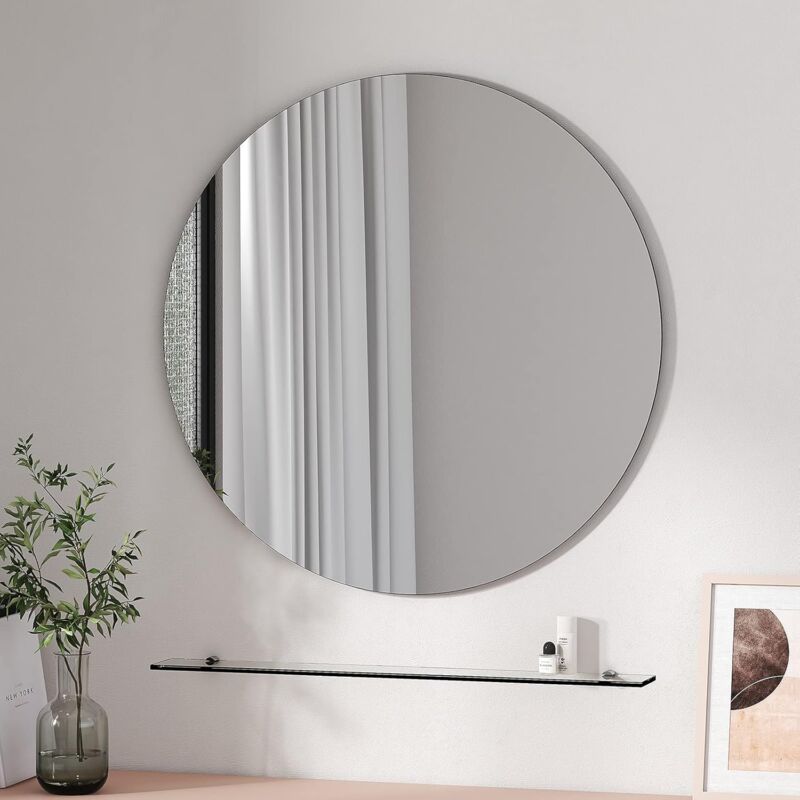 Wall Mounted Round Mirror with Shelf, 80CM Frameless Circle Mirror with 78CM Shelf - Emke