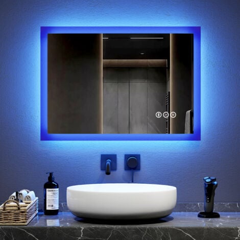 EMKE Blue Atmosphere Light Bathroom Bluetooth Mirror with LED Lights 50X70cm Dimmable 2 Colours Demister Mirror with Shaver Socket