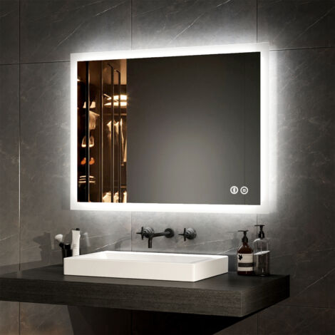 EMKE Bluetooth Illuminated Bathroom Mirror with Shaver Socket Dimmable Bathroom LED Mirror with Demister, Fuse, 600x800mm