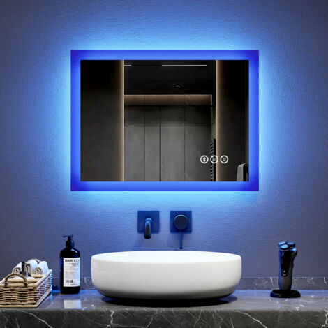 EMKE Bluetooth Mirror with Blue LED Lights 45X60cm Dimmable Illuminated Bathroom Mirror with Shaver Socket, Demister Pad