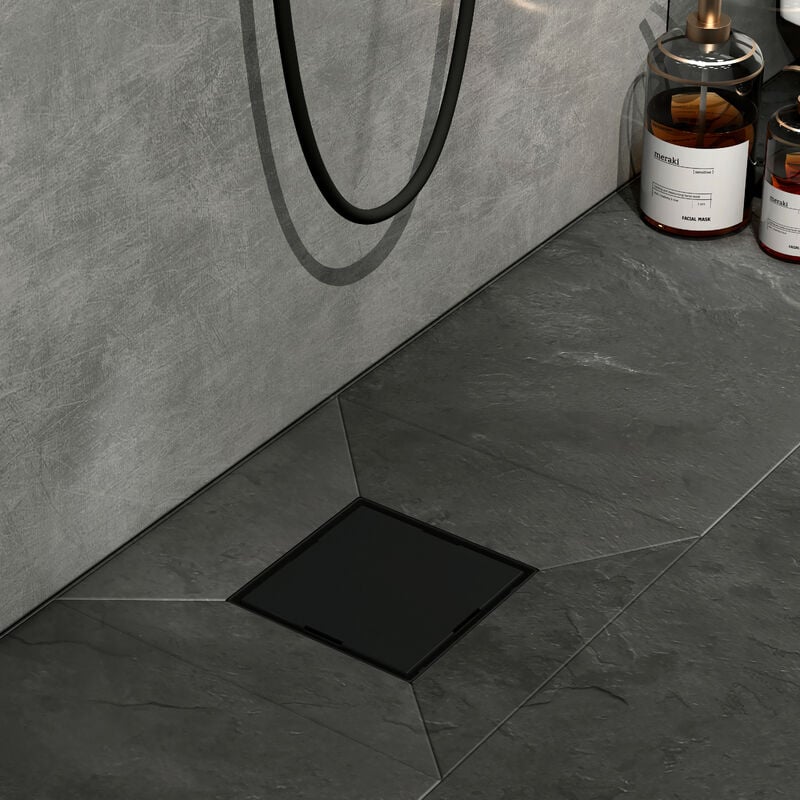 Emke - Caniveau de douche en acier inoxydable, 2 en 1, Caniveau de douche carré avec arrêt des odeurs et filtre à cheveux, 15mm Couleur noir