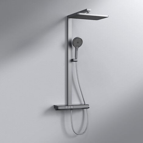 EMKE Colonna doccia Termostato Set colonna doccia con piastra termostatica da 40 cm, asta doccia, doccetta con 4 modalità, soffione, bocca di erogazione, grigio metallizzato